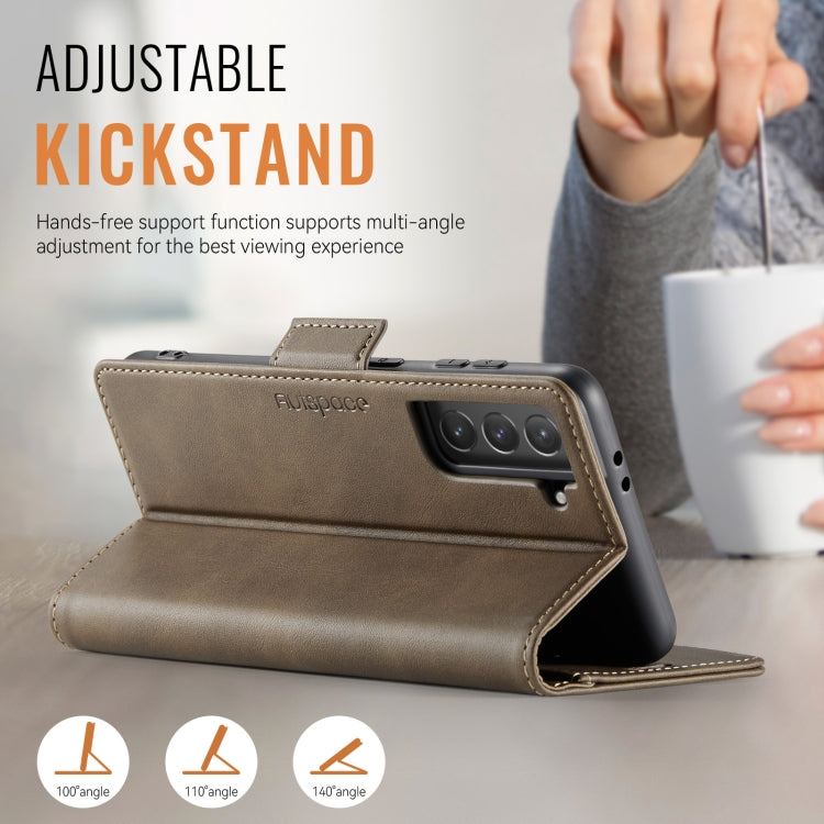 For Samsung Galaxy S21 5G AutSpace A11 Side Buckle MagSafe Magnetic RFID Phone Leather Case(Coffee)