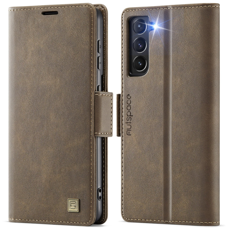 For Samsung Galaxy S21 FE 5G AutSpace A11 Side Buckle MagSafe Magnetic RFID Phone Leather Case(Coffee)
