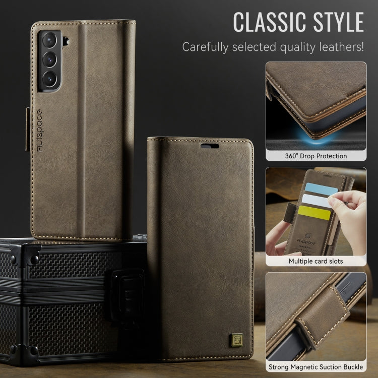 For Samsung Galaxy S21 FE 5G AutSpace A11 Side Buckle MagSafe Magnetic RFID Phone Leather Case(Coffee)