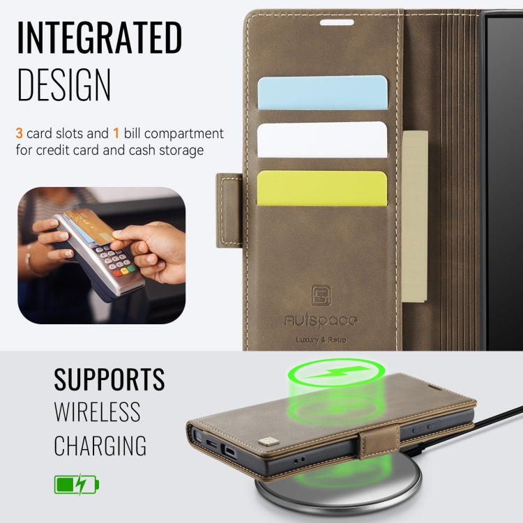 For Samsung Galaxy S22 Ultra 5G AutSpace A11 Side Buckle MagSafe Magnetic RFID Phone Leather Case(Coffee)