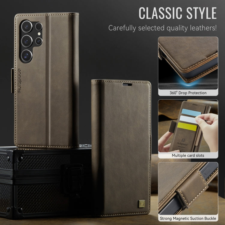 For Samsung Galaxy S24 Ultra 5G AutSpace A11 Side Buckle MagSafe Magnetic RFID Phone Leather Case(Coffee)