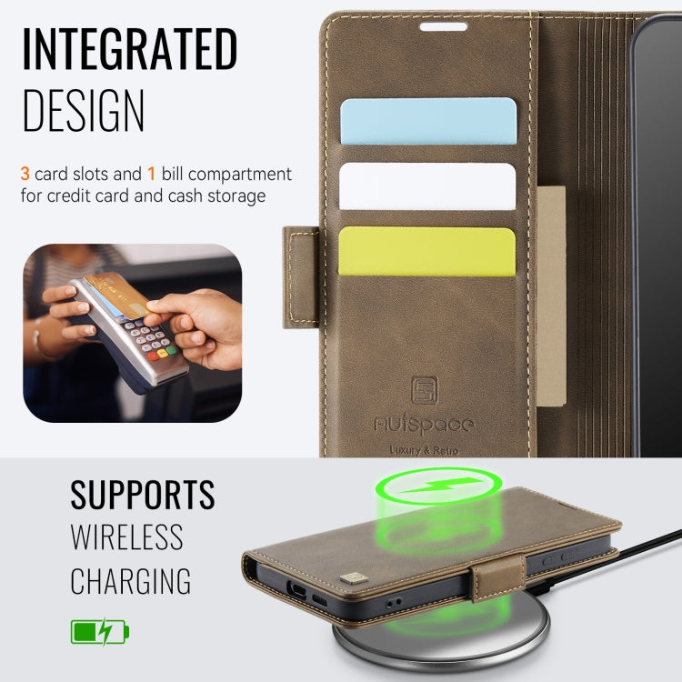 For Samsung Galaxy S23 FE 5G AutSpace A11 Side Buckle MagSafe Magnetic RFID Phone Leather Case(Coffee)