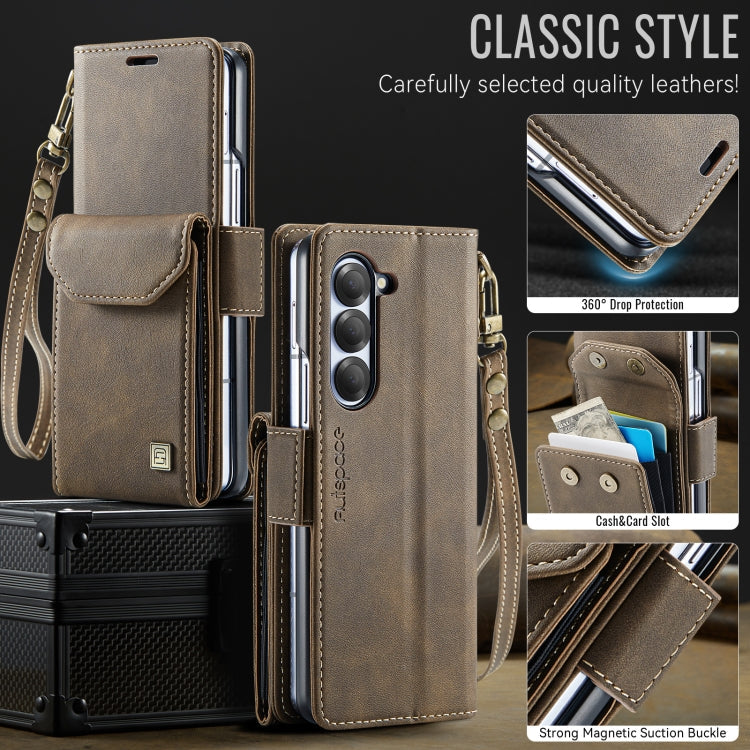 For Samsung Galaxy Z Fold5 5G AutSpace A23 Organ Card Bag Magnetic RFID PU Phone Case(Coffee)