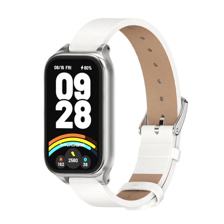 For Xiaomi Smart Band 9 Active / Redmi Band 3 Mijobs Metal Shell Microfiber PU Leather Watch Band(White Silver)