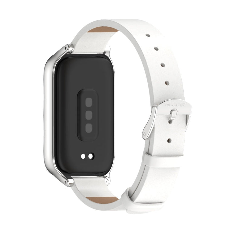 For Xiaomi Smart Band 9 Active / Redmi Band 3 Mijobs Metal Shell Microfiber PU Leather Watch Band(White Silver)