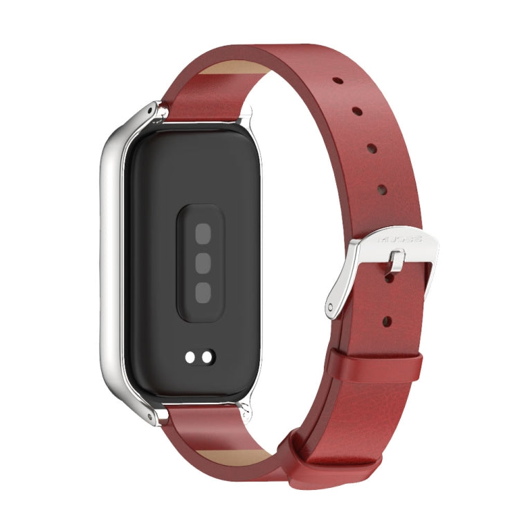 For Xiaomi Smart Band 9 Active / Redmi Band 3 Mijobs Metal Shell Microfiber PU Leather Watch Band(Red Silver)