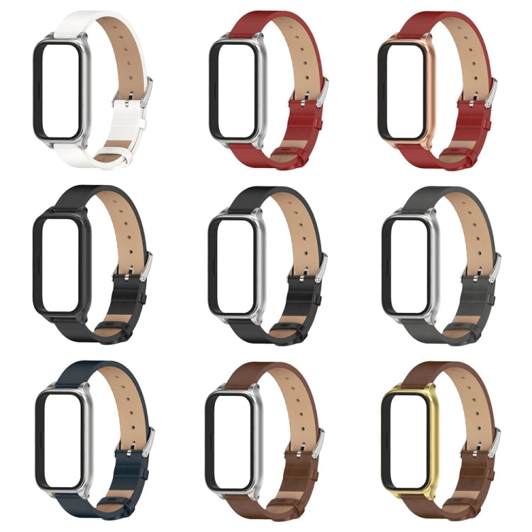 For Xiaomi Smart Band 9 Active / Redmi Band 3 Mijobs Metal Shell Microfiber PU Leather Watch Band(Brown Silver)