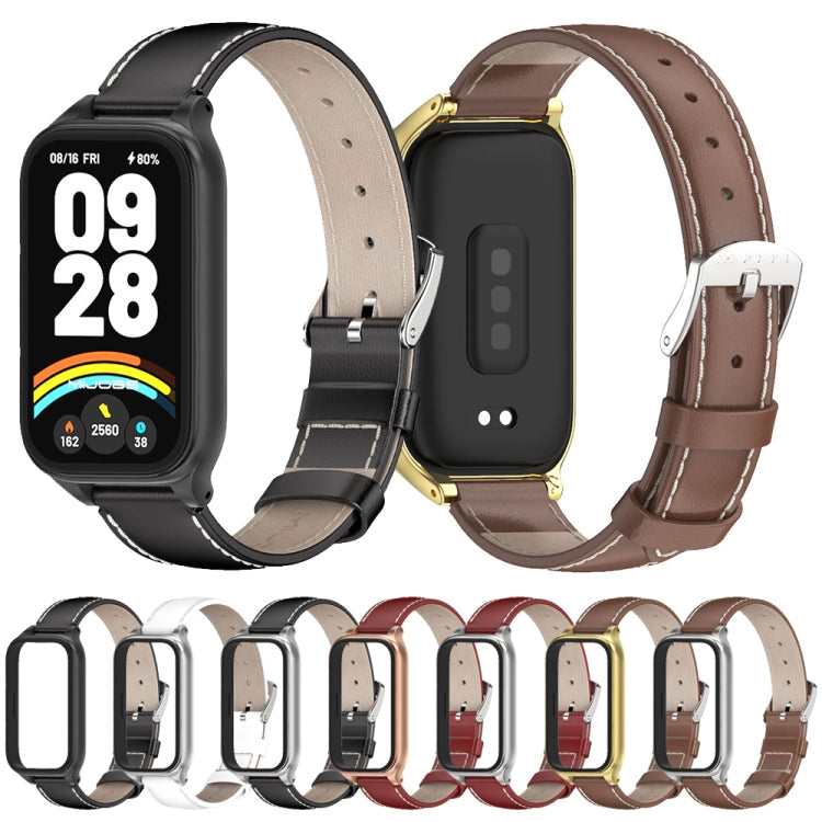 For Xiaomi Smart Band 9 Active / Redmi Band 3 Mijobs Metal Shell Genuine Leather Watch Band(Brown Gold)