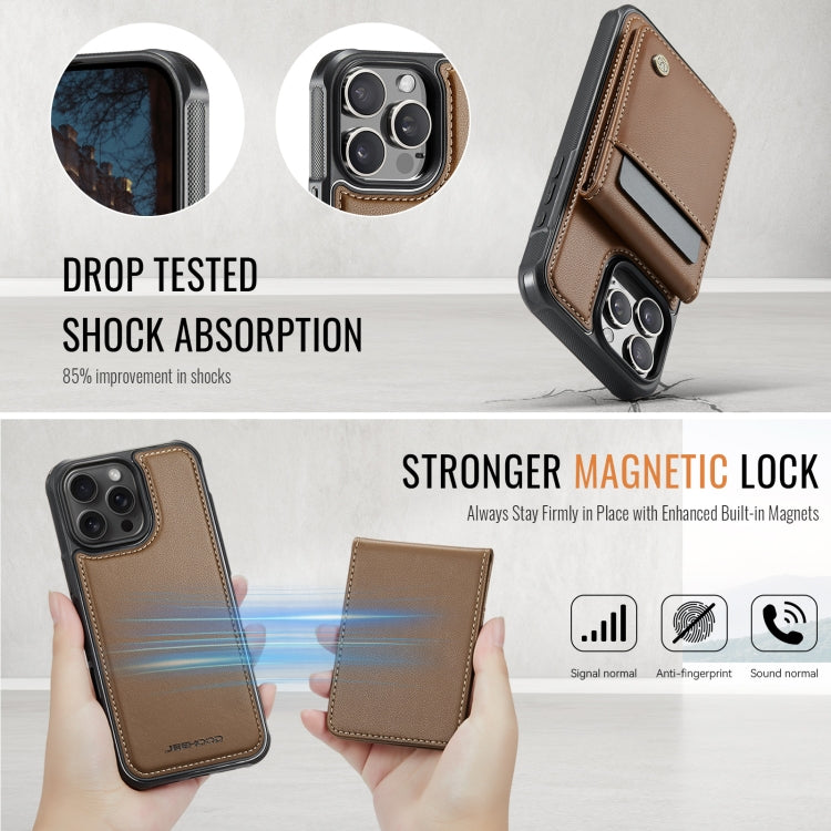 For iPhone 16 Pro Max JEEHOOD J06 British Style RFID MagSafe Card Bag PU Phone Case(Brown)