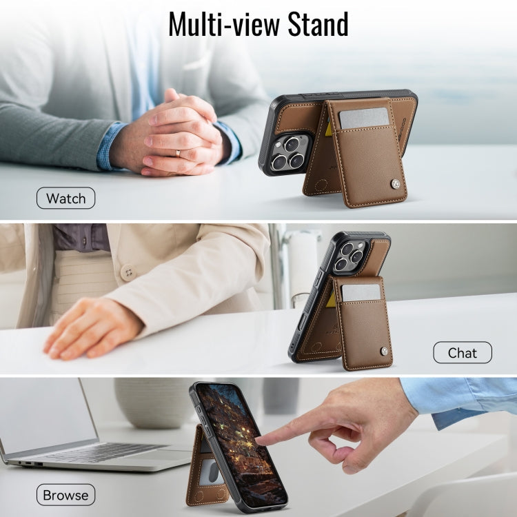 For iPhone 16 Pro Max JEEHOOD J06 British Style RFID MagSafe Card Bag PU Phone Case(Brown)