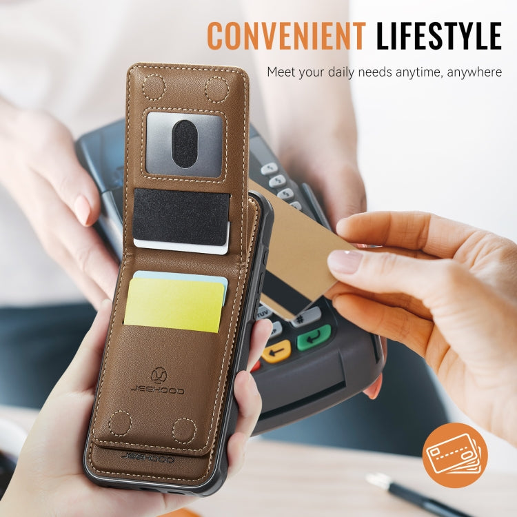 For iPhone 16 Pro Max JEEHOOD J06 British Style RFID MagSafe Card Bag PU Phone Case(Brown)
