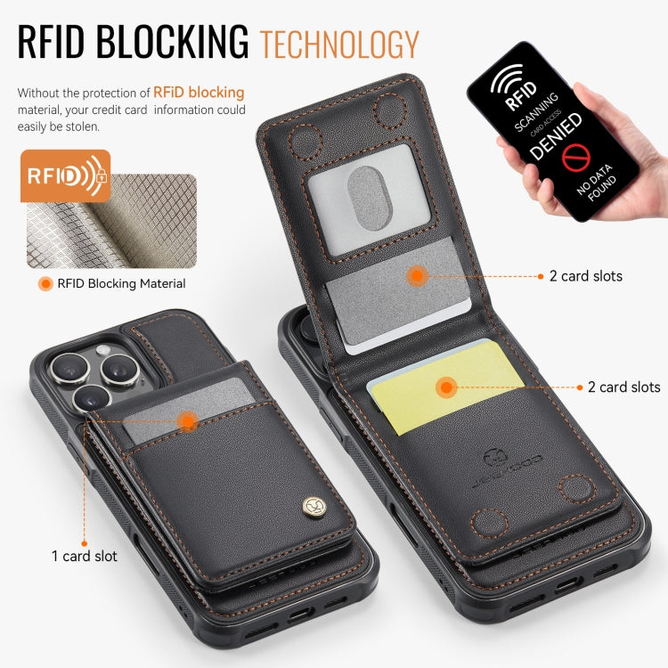 For iPhone 16 Pro Max JEEHOOD J06 British Style RFID MagSafe Card Bag PU Phone Case(Black)