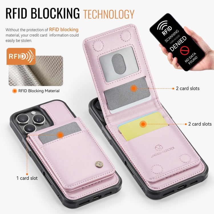 For iPhone 16 Pro Max JEEHOOD J06 British Style RFID MagSafe Card Bag PU Phone Case(Pink)