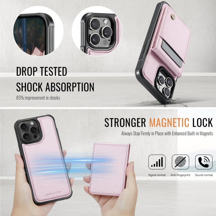 For iPhone 16 Pro Max JEEHOOD J06 British Style RFID MagSafe Card Bag PU Phone Case(Pink)