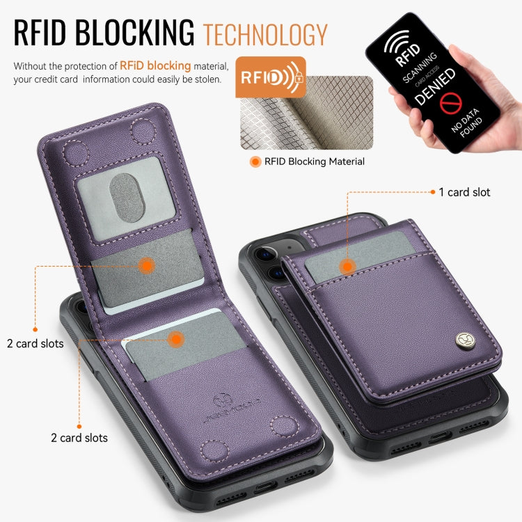 For iPhone 11 JEEHOOD J06 British Style RFID MagSafe Card Bag PU Phone Case(Purple)