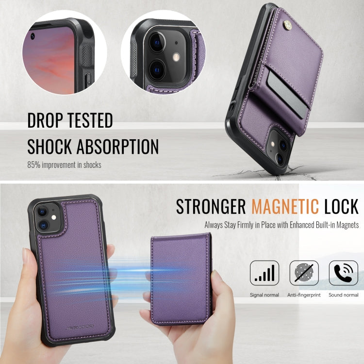 For iPhone 11 JEEHOOD J06 British Style RFID MagSafe Card Bag PU Phone Case(Purple)