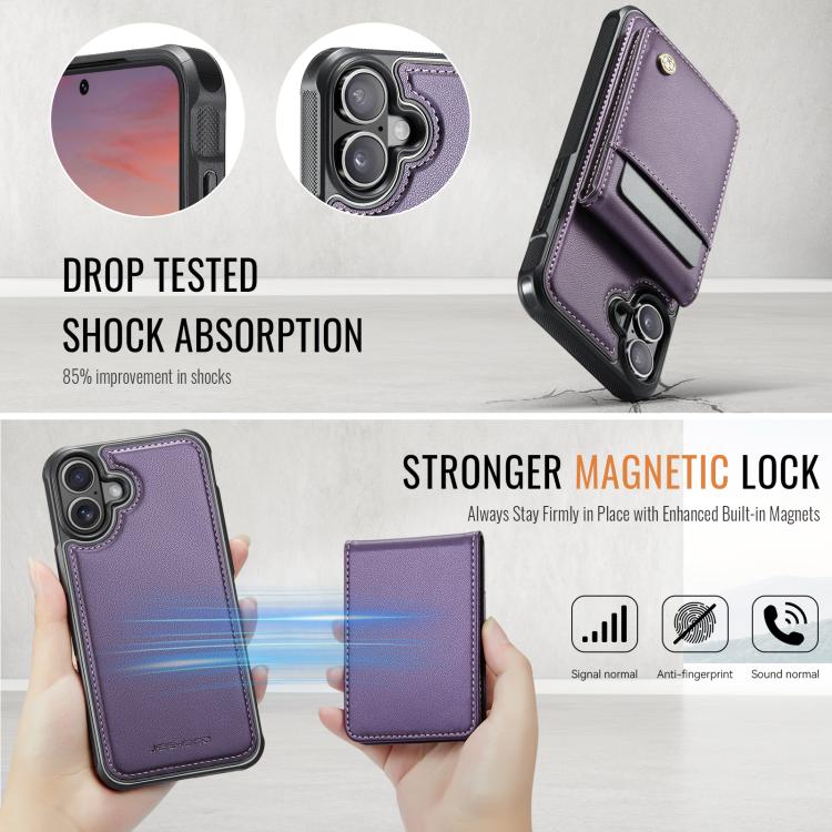 For iPhone 16 Plus JEEHOOD J06 British Style RFID MagSafe Card Bag PU Phone Case(Purple)