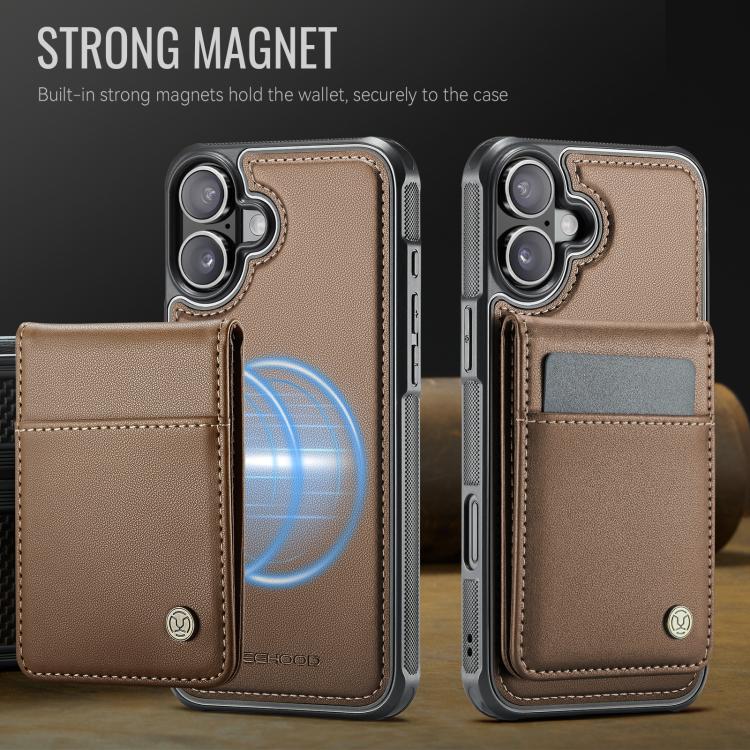 For iPhone 16 Plus JEEHOOD J06 British Style RFID MagSafe Card Bag PU Phone Case(Brown)