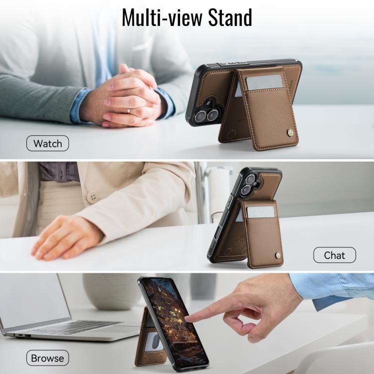For iPhone 16 Plus JEEHOOD J06 British Style RFID MagSafe Card Bag PU Phone Case(Brown)