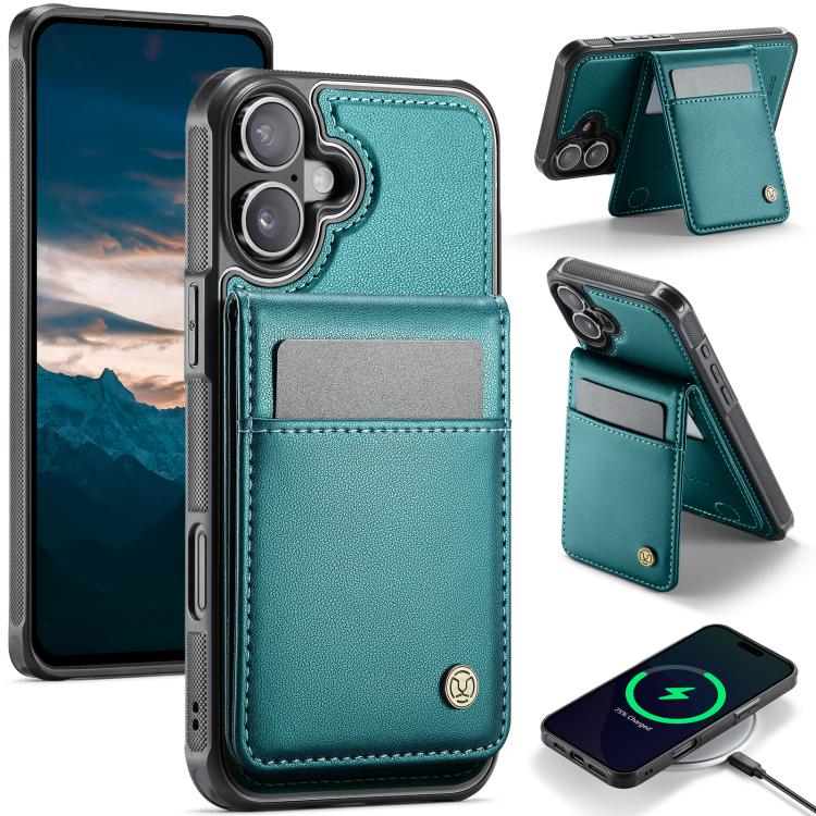 For iPhone 16 Plus JEEHOOD J06 British Style RFID MagSafe Card Bag PU Phone Case(Green)