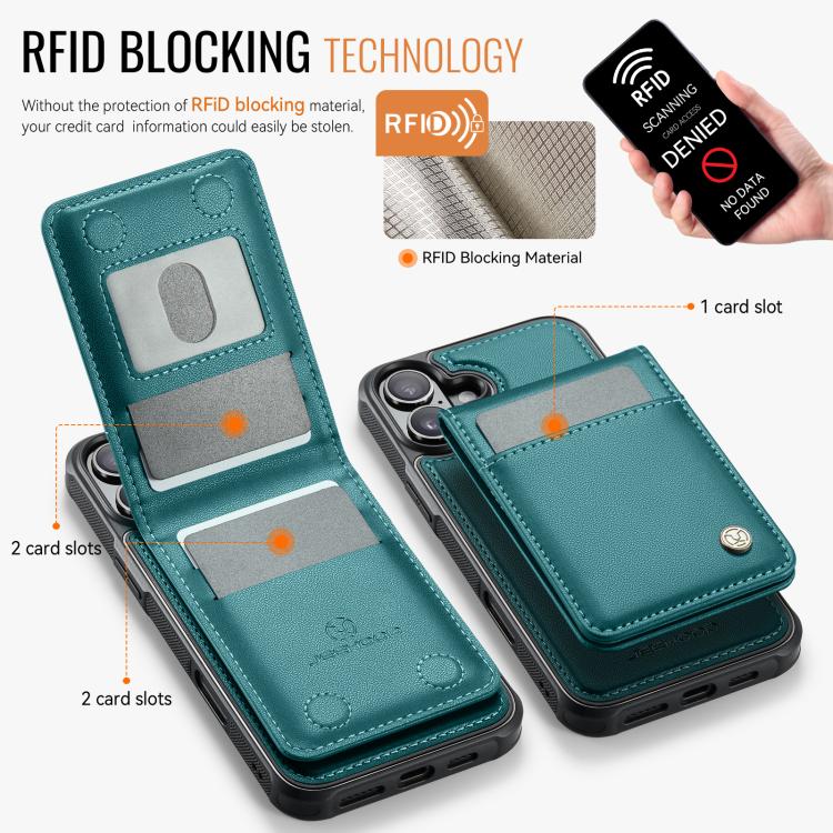 For iPhone 16 Plus JEEHOOD J06 British Style RFID MagSafe Card Bag PU Phone Case(Green)