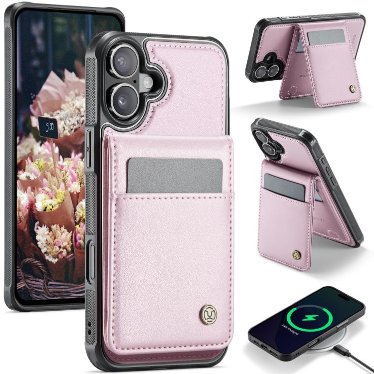 For iPhone 16 Plus JEEHOOD J06 British Style RFID MagSafe Card Bag PU Phone Case(Pink)