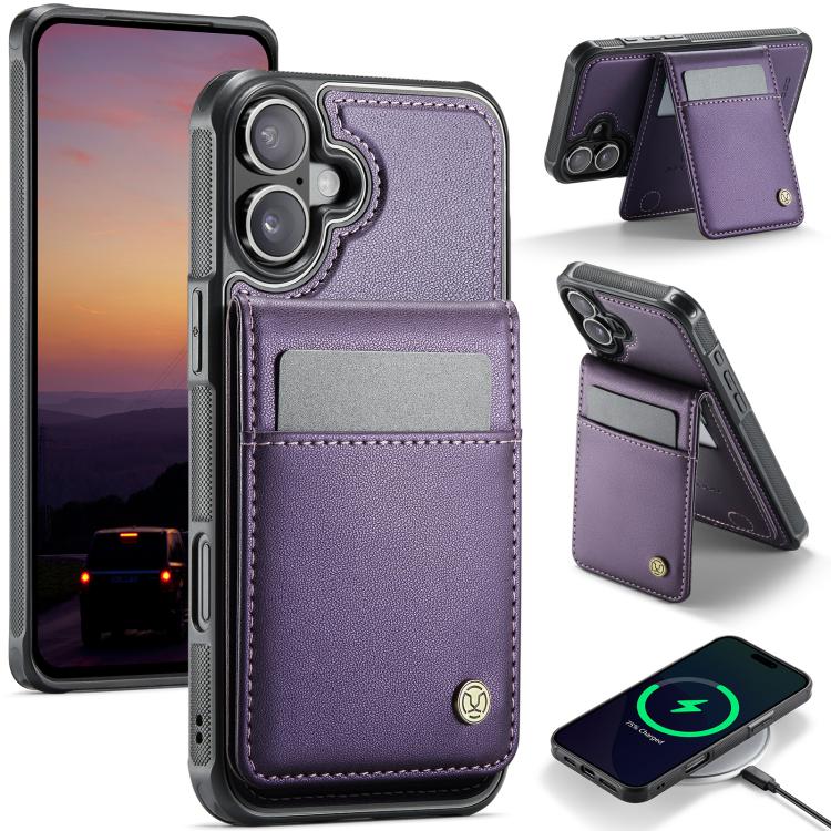 For iPhone 16 JEEHOOD J06 British Style RFID MagSafe Card Bag PU Phone Case(Purple)