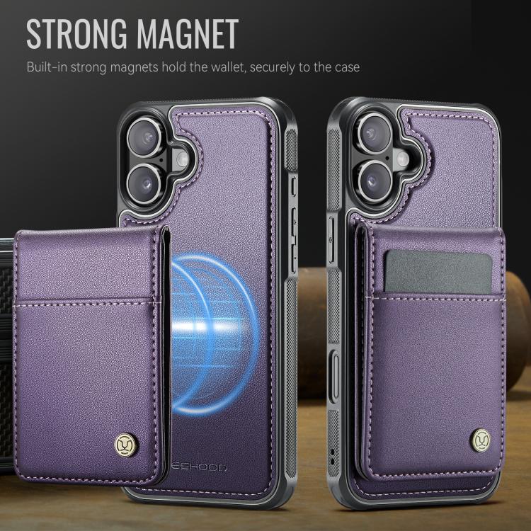 For iPhone 16 JEEHOOD J06 British Style RFID MagSafe Card Bag PU Phone Case(Purple)