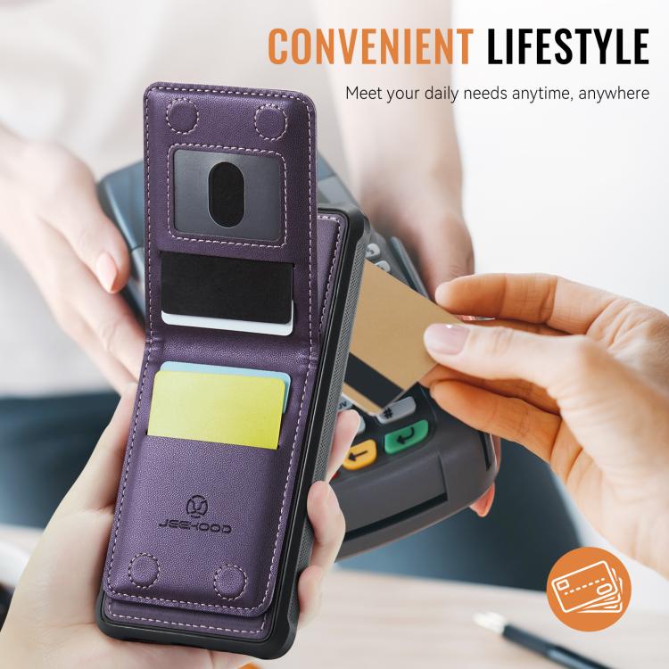 For iPhone 16 JEEHOOD J06 British Style RFID MagSafe Card Bag PU Phone Case(Purple)