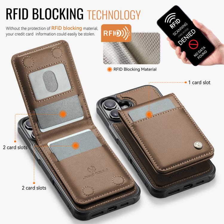 For iPhone 16 JEEHOOD J06 British Style RFID MagSafe Card Bag PU Phone Case(Brown)