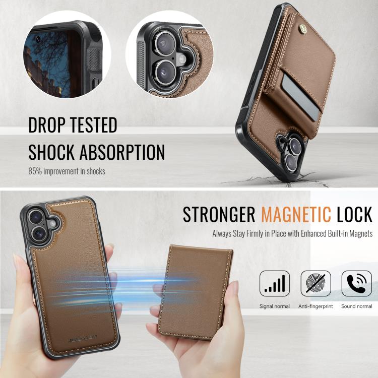 For iPhone 16 JEEHOOD J06 British Style RFID MagSafe Card Bag PU Phone Case(Brown)