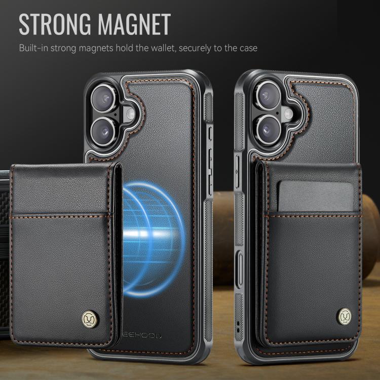 For iPhone 16 JEEHOOD J06 British Style RFID MagSafe Card Bag PU Phone Case(Black)