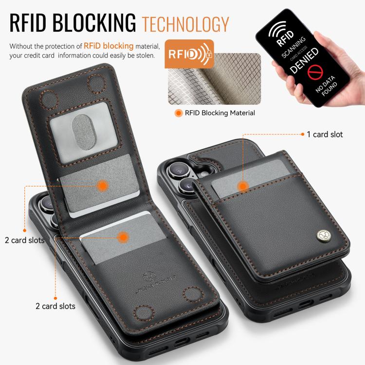 For iPhone 16 JEEHOOD J06 British Style RFID MagSafe Card Bag PU Phone Case(Black)