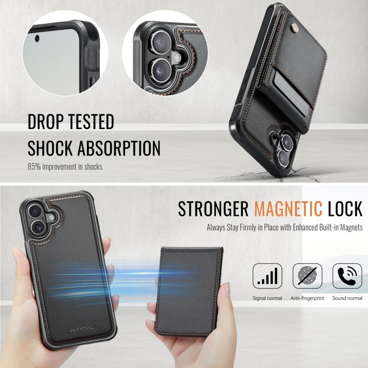 For iPhone 16 JEEHOOD J06 British Style RFID MagSafe Card Bag PU Phone Case(Black)