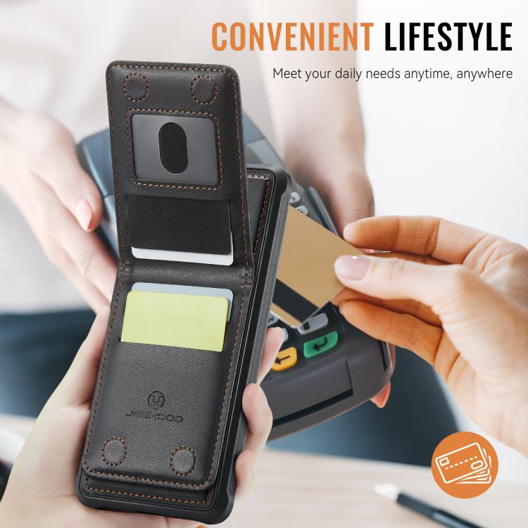 For iPhone 16 JEEHOOD J06 British Style RFID MagSafe Card Bag PU Phone Case(Black)