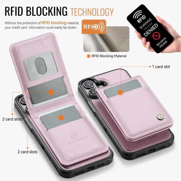 For iPhone 16 JEEHOOD J06 British Style RFID MagSafe Card Bag PU Phone Case(Pink)
