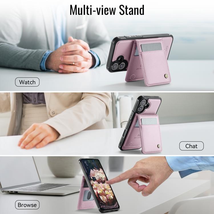 For iPhone 16 JEEHOOD J06 British Style RFID MagSafe Card Bag PU Phone Case(Pink)