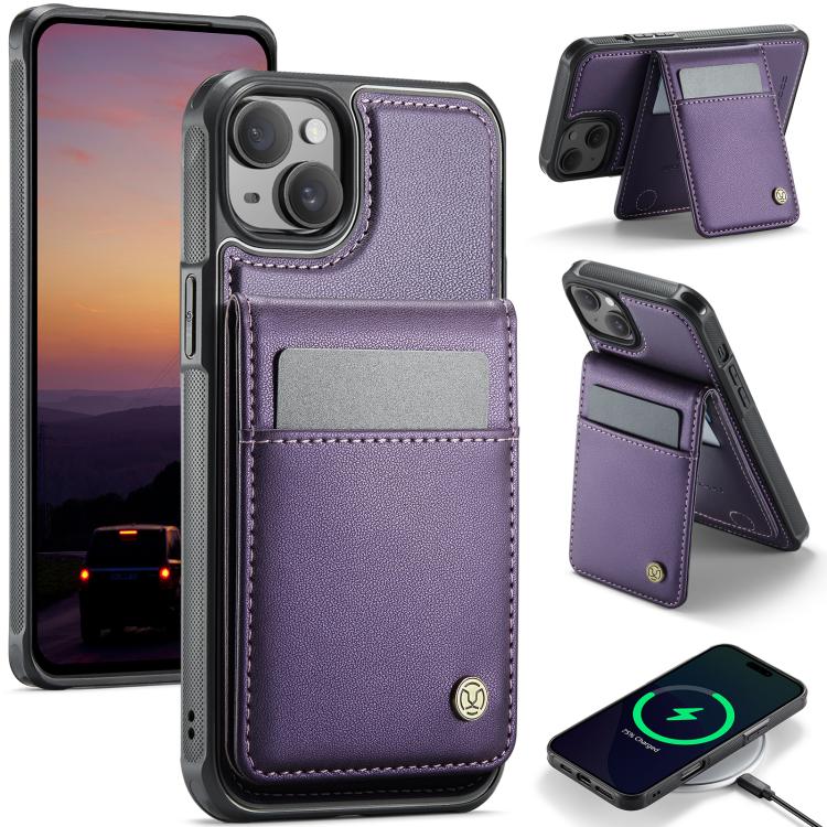 For iPhone 15 Plus JEEHOOD J06 British Style RFID MagSafe Card Bag PU Phone Case(Purple)