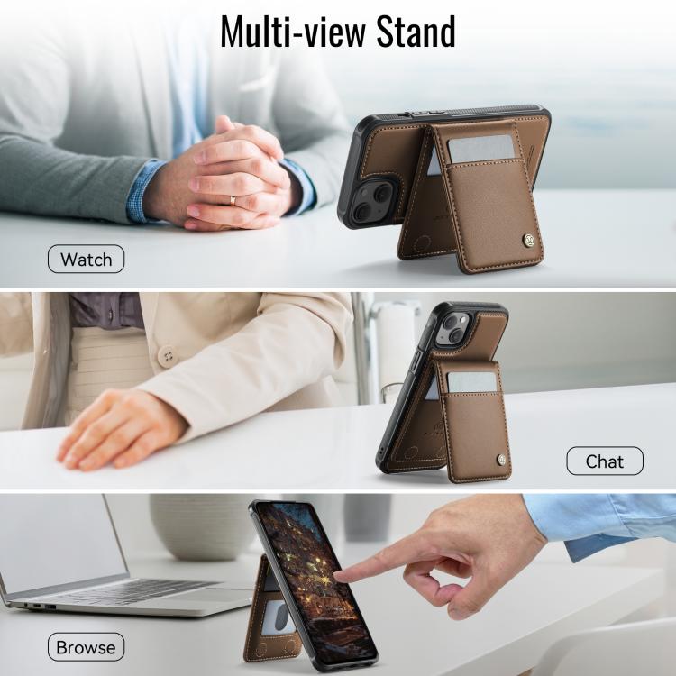 For iPhone 15 Plus JEEHOOD J06 British Style RFID MagSafe Card Bag PU Phone Case(Brown)
