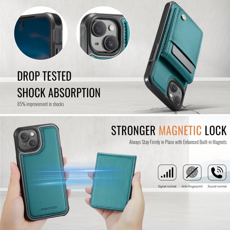 For iPhone 15 Plus JEEHOOD J06 British Style RFID MagSafe Card Bag PU Phone Case(Green)