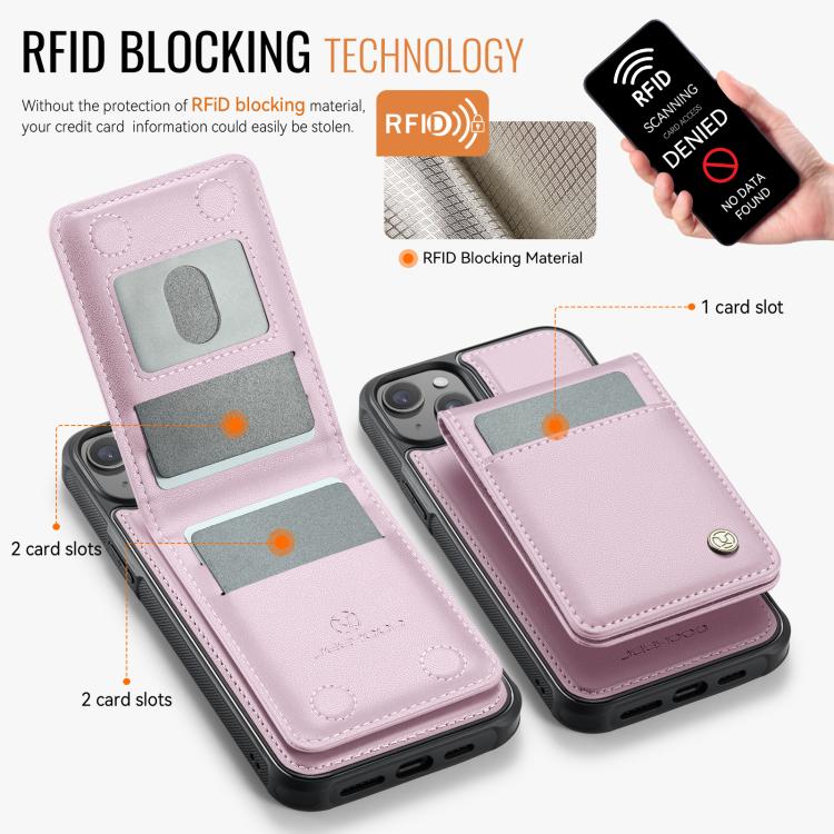 For iPhone 15 Plus JEEHOOD J06 British Style RFID MagSafe Card Bag PU Phone Case(Pink)