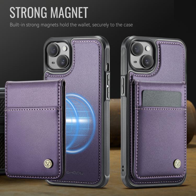 For iPhone 15 JEEHOOD J06 British Style RFID MagSafe Card Bag PU Phone Case(Purple)