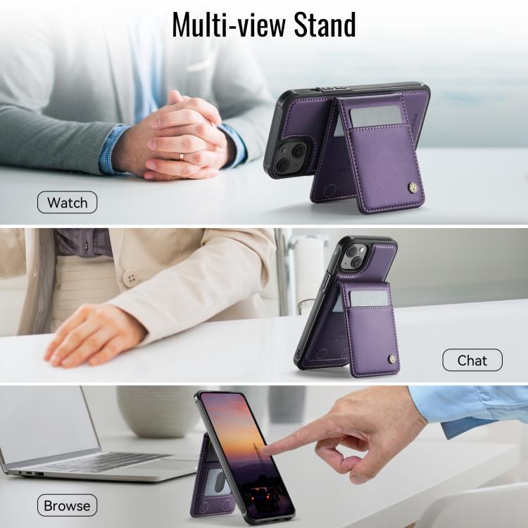 For iPhone 15 JEEHOOD J06 British Style RFID MagSafe Card Bag PU Phone Case(Purple)
