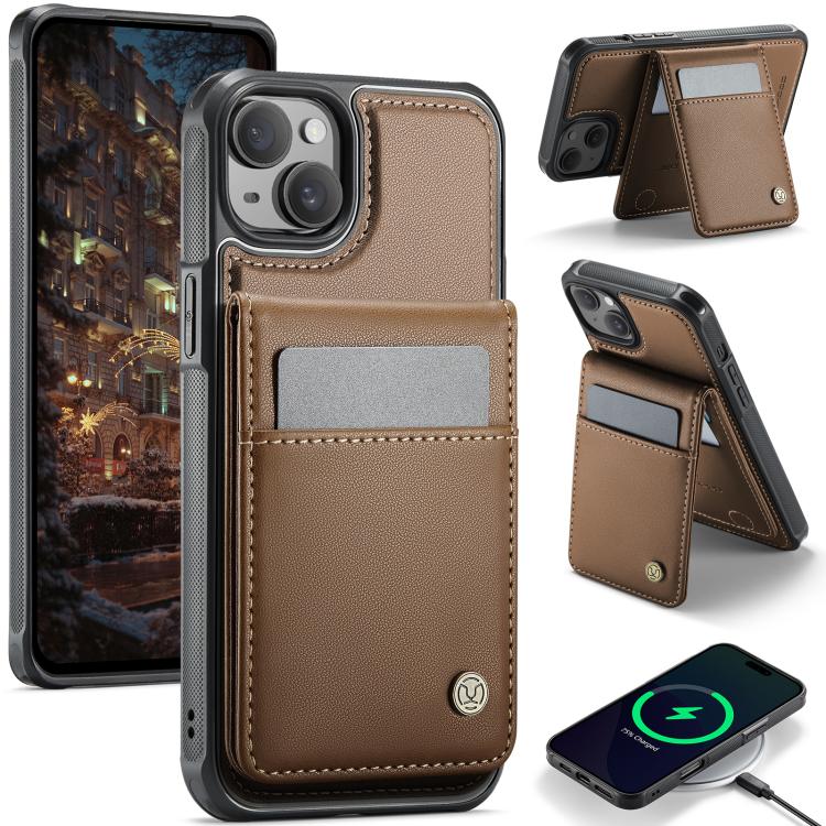 For iPhone 15 JEEHOOD J06 British Style RFID MagSafe Card Bag PU Phone Case(Brown)