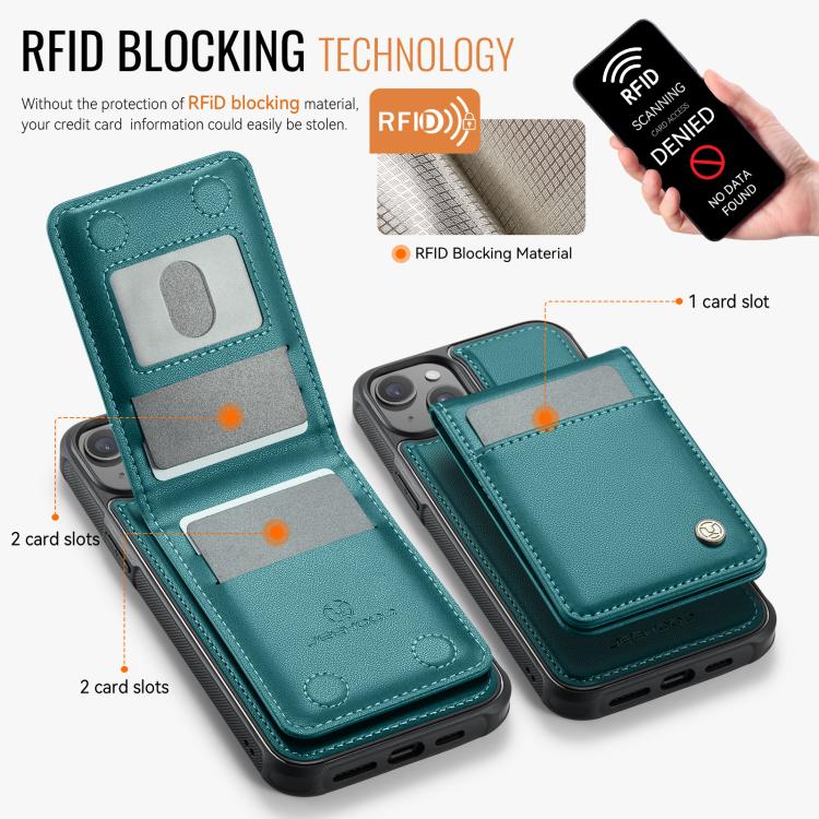 For iPhone 15 JEEHOOD J06 British Style RFID MagSafe Card Bag PU Phone Case(Green)