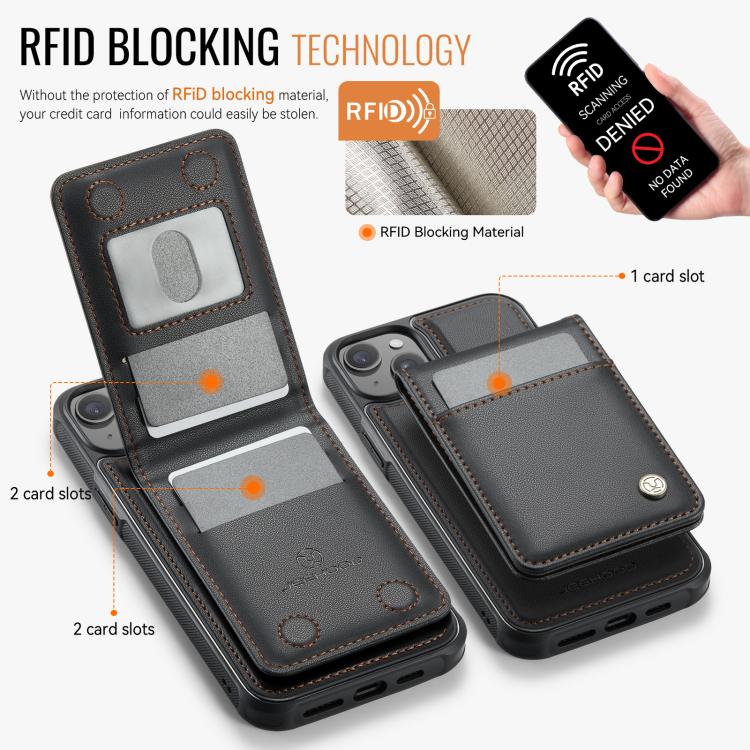 For iPhone 15 JEEHOOD J06 British Style RFID MagSafe Card Bag PU Phone Case(Black)