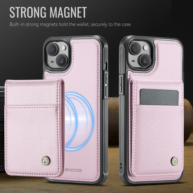For iPhone 15 JEEHOOD J06 British Style RFID MagSafe Card Bag PU Phone Case(Pink)