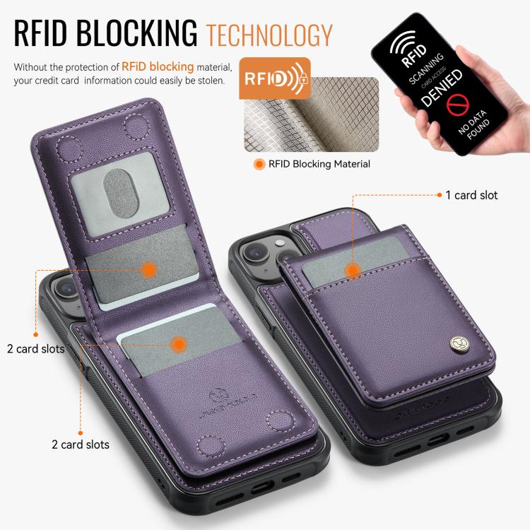 For iPhone 14 Plus JEEHOOD J06 British Style RFID MagSafe Card Bag PU Phone Case(Purple)