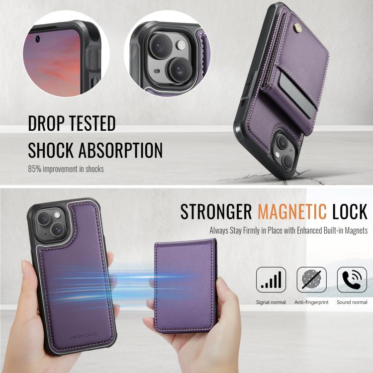For iPhone 14 Plus JEEHOOD J06 British Style RFID MagSafe Card Bag PU Phone Case(Purple)