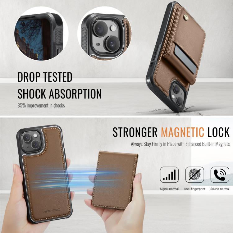For iPhone 14 Plus JEEHOOD J06 British Style RFID MagSafe Card Bag PU Phone Case(Brown)